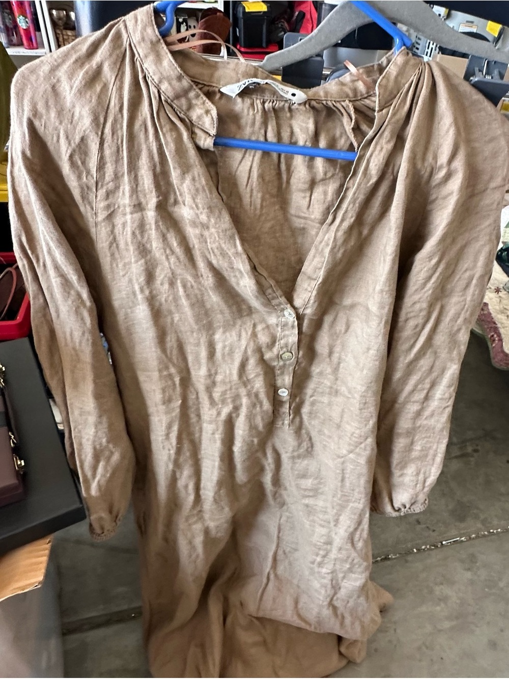 Women's Zara Lightweight Long-Sleeve V-Neck Linen Tunic - Tan